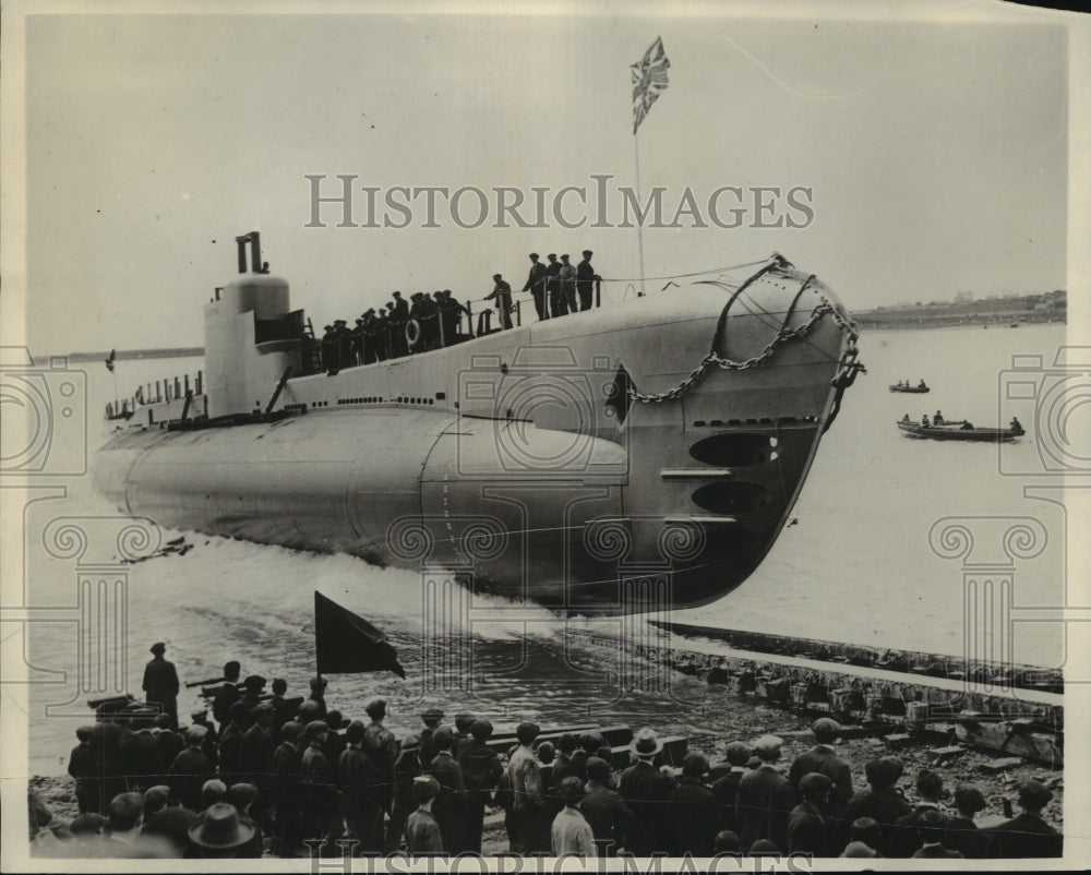 1929 Press Photo British Navy Submarine the &quot;Pandora&quot; Being Launched At Barrow- Historic Images