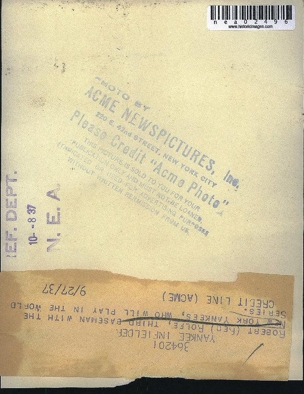 1937 Press Photo Robert Red Rolfe, 3rd Baseman - Historic Images