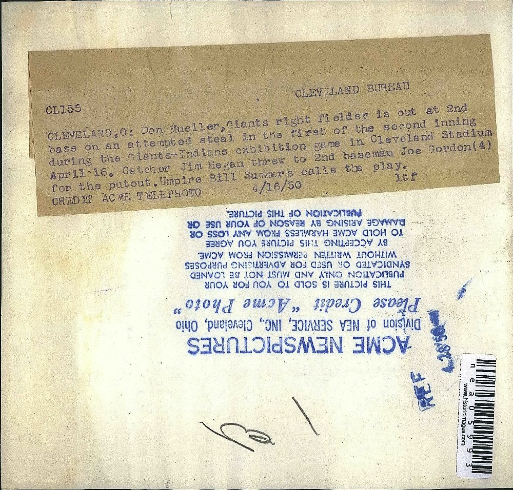 1950 Press Photo Don Mueller, New York Giants, Joe Gordon, Cleveland Indians