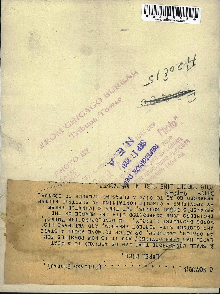 1931 Press Photo Small Microphone attatched to lapel - nea15454