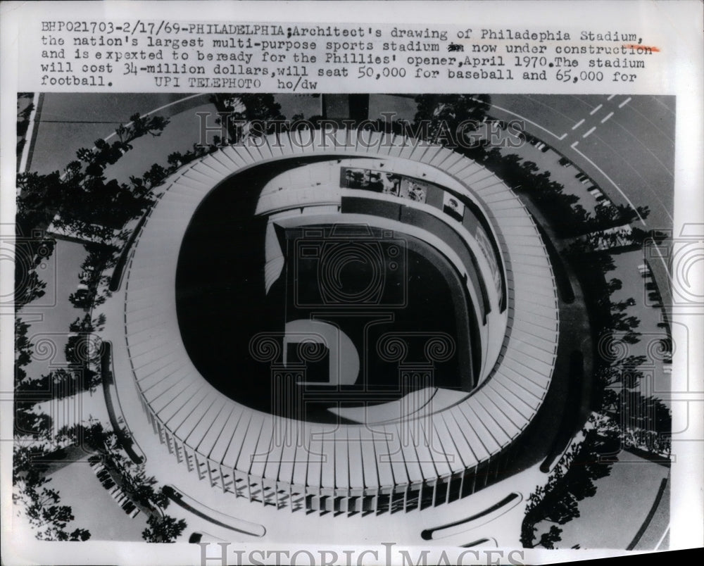 1969 Press Photo Architect's drawing of Philadelphia Stadium