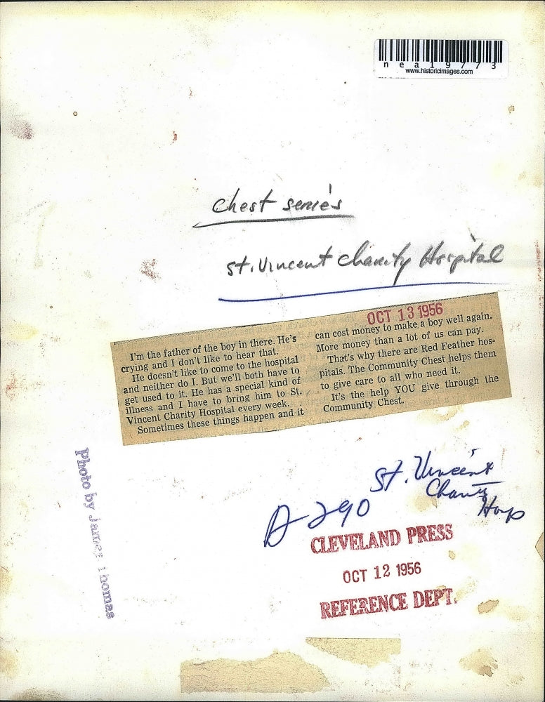 1956 Press Photo St Vincent Charity Hospital Red Feather Hospital son is patient