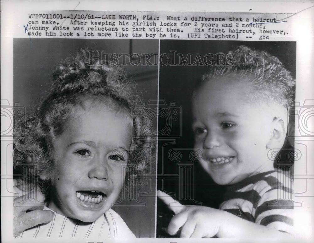 1961 Press Photo Johnny White shows his hair before & after his first haircut
