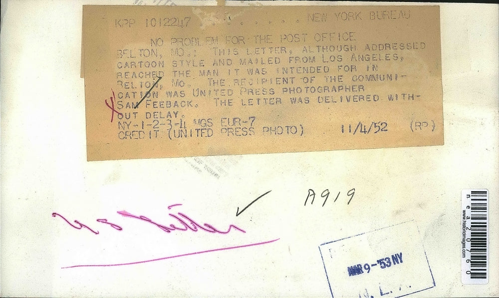 1952 Press Photo A letter addressed with a cartoon still got delivered