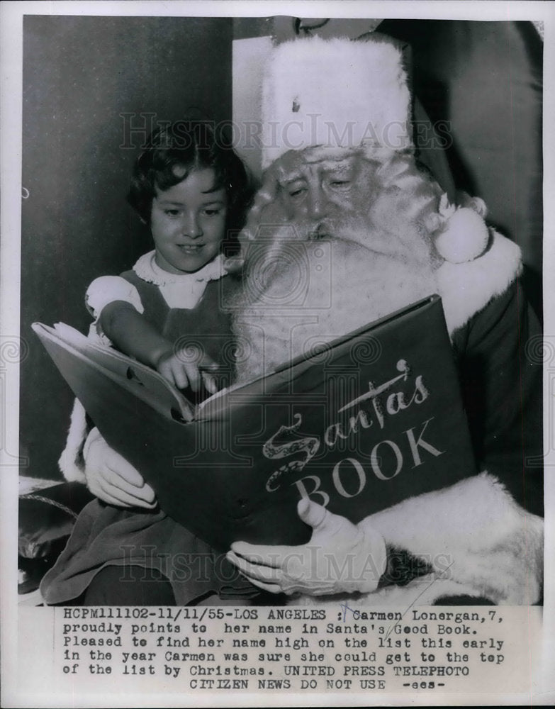 Load image into Gallery viewer, 1955 Press Photo Carmen Lonergan and Santa Claus, Los Angeles - nea21347
