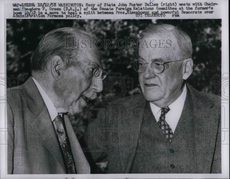Load image into Gallery viewer, 1958 Press Photo Sec.of State John Dulles and Theodore Green of Senate Foreign.
