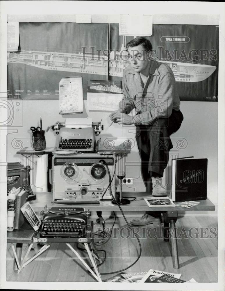 1956 Press Photo &quot;Navy Log&quot; television writer Allan Sloane poses in his workroom- Historic Images