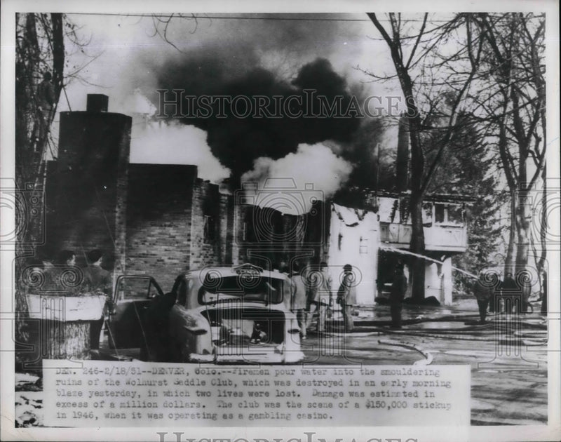 Load image into Gallery viewer, 1951 Press Photo Firemen at the scene of the Wolhurst Seddle Club fire in Denver
