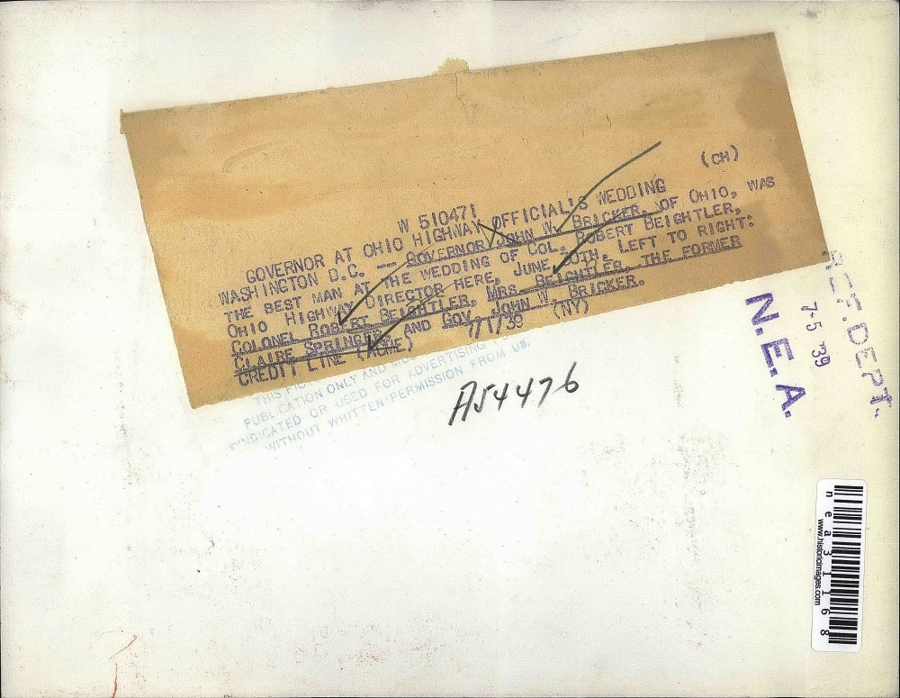 1939 Press Photo Ohio Governor. John Bricker,CZol R Beightler & bride