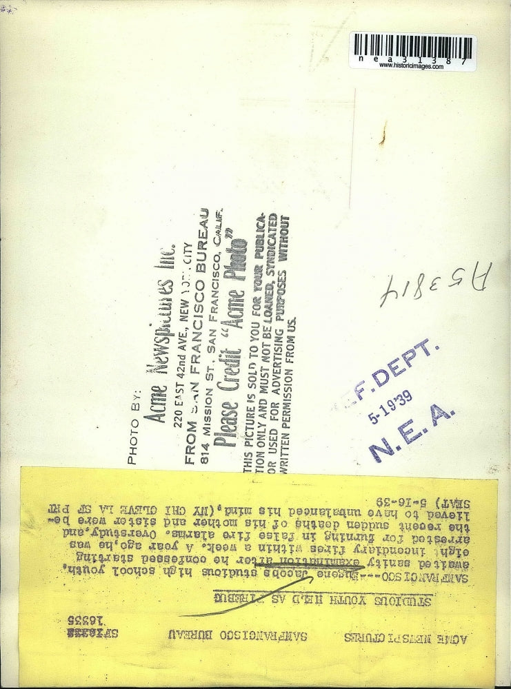 Load image into Gallery viewer, 1939 Press Photo Eugene Jacobs Arrested After Admitting Starting Arson Fires
