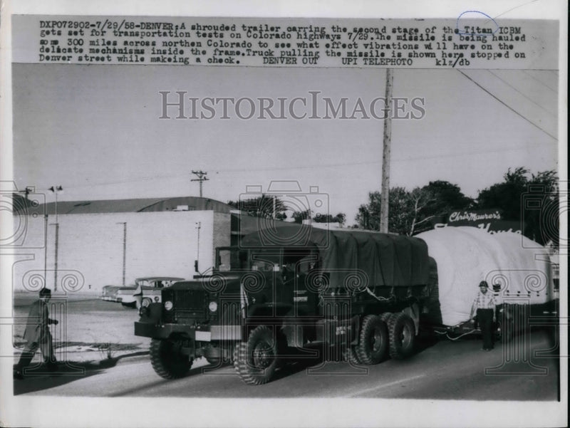 Load image into Gallery viewer, 1958 Press Photo Titan rocket stage transported to test site - nea32003
