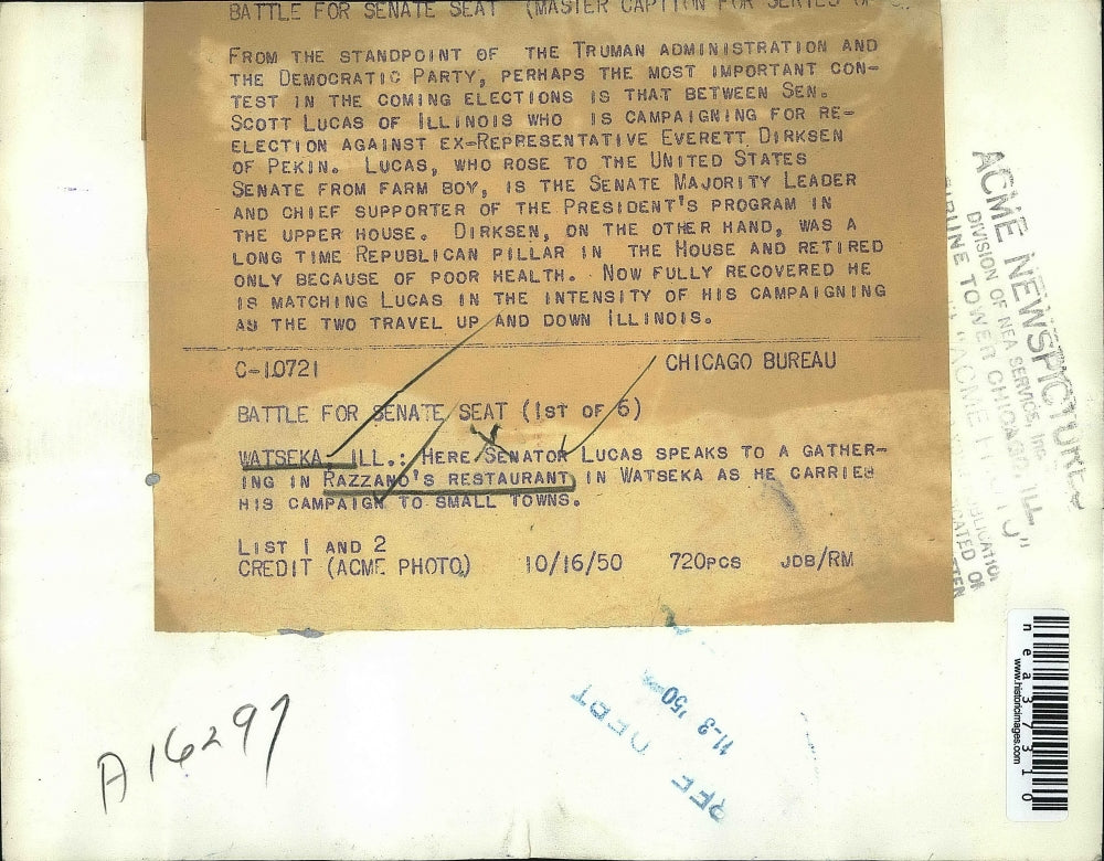 1950 Press Photo Senator Lucas at Razzano's restaurant in Ill. - nea37310