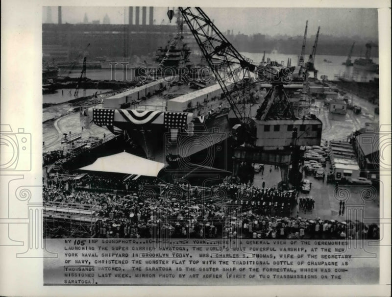Load image into Gallery viewer, 1955 Press Photo General View Ceremony Launching Super Carrier Saratoga Warship
