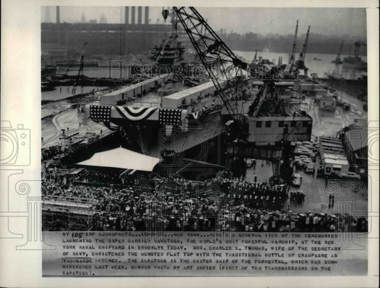 1955 Press Photo General View Ceremony Launching Super Carrier Saratoga Warship