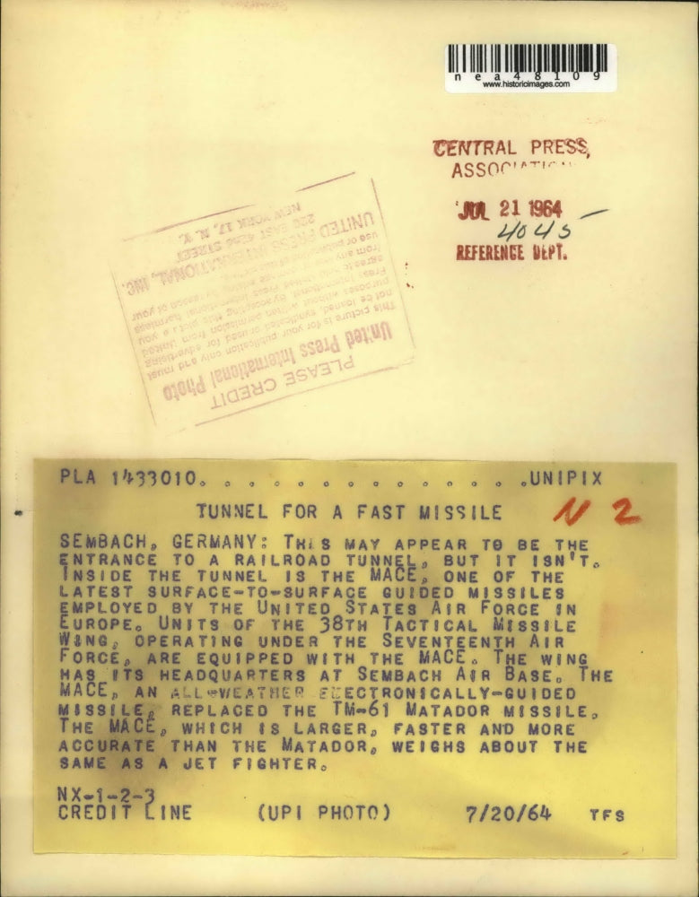 1964 Press Photo Tunnel Shields US Surface To Surface Missile System MACE