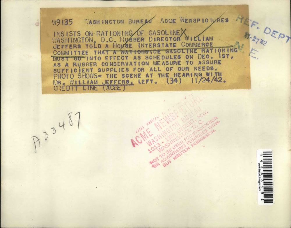 1942 Press Photo Rubber Director William Jeffers Speaks To Senate Committee