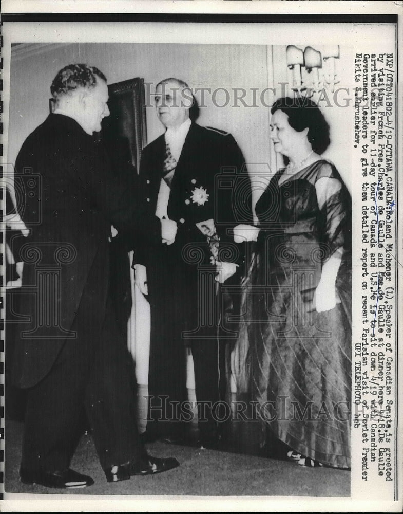 Load image into Gallery viewer, 1950 Press Photo Speaker Of Canadian Senate Roland Michener &amp; Charles De Gaulle
