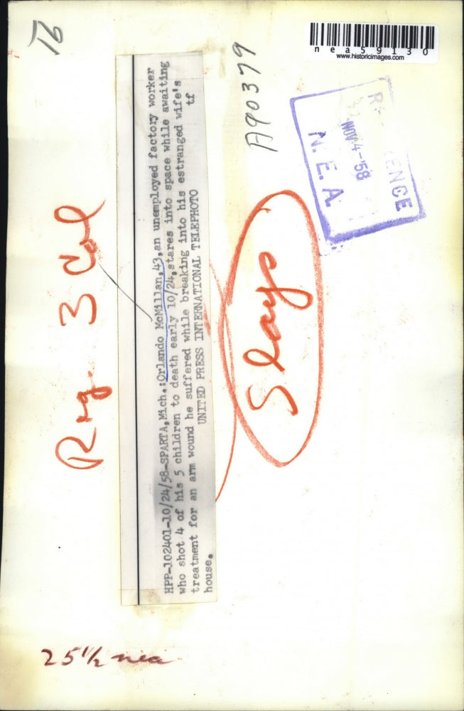 1958 Press Photo Orlando McMillan Shot 4 of His 5 Children Killing Them