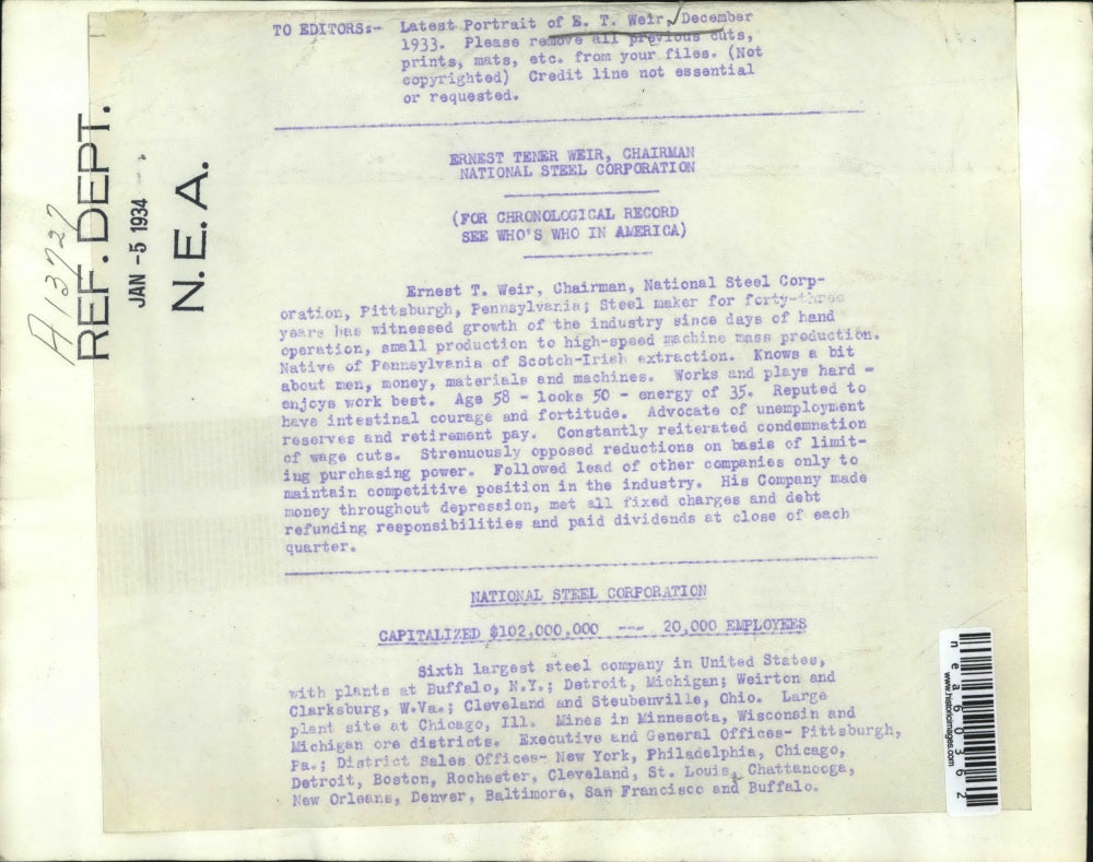 1934 Press Photo B.T. Wier Chairman National Steel Corporation