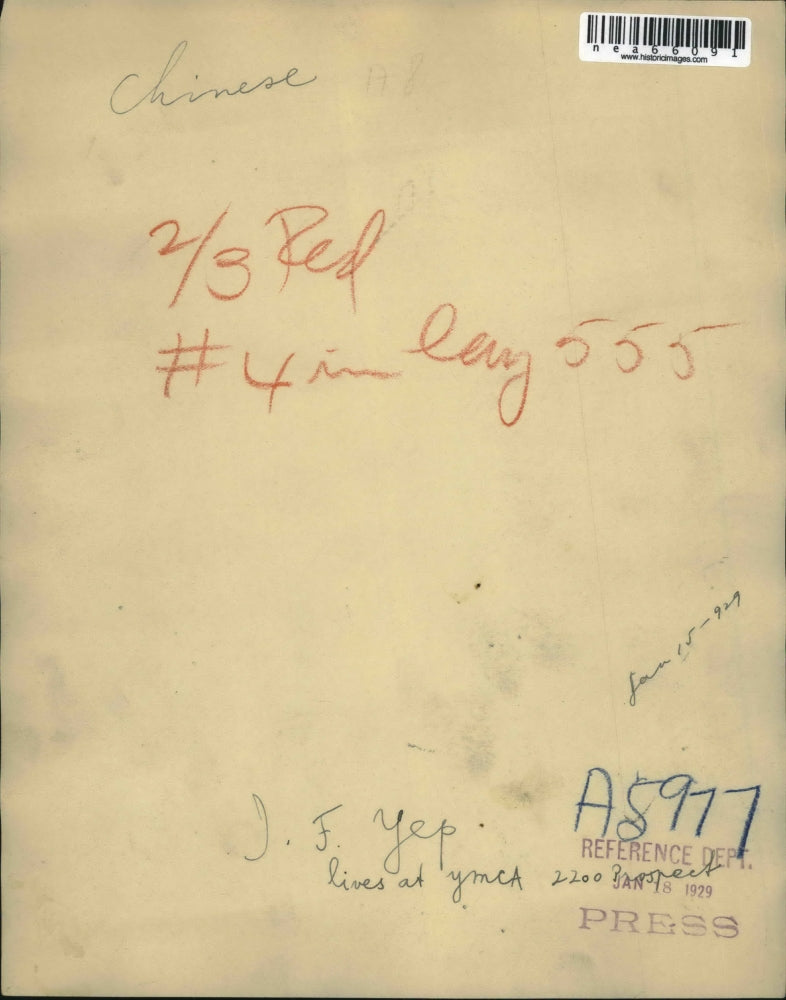 1929 Press Photo J.F Yep a man who lives at the YMCA.