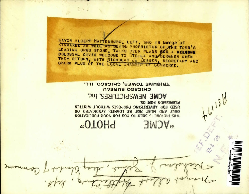 1938 Press Photo Mayor Albert Hatteburg with Nicholas Zeiner - nea68973