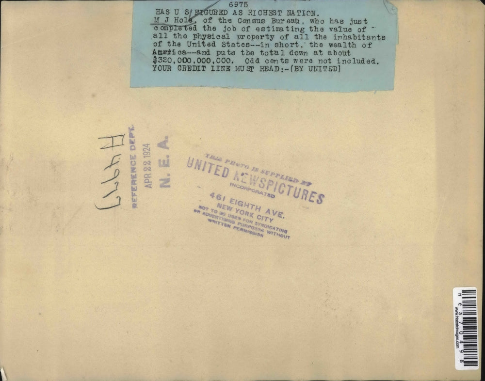 1924 Press Photo HJ Hole of Census Bureau