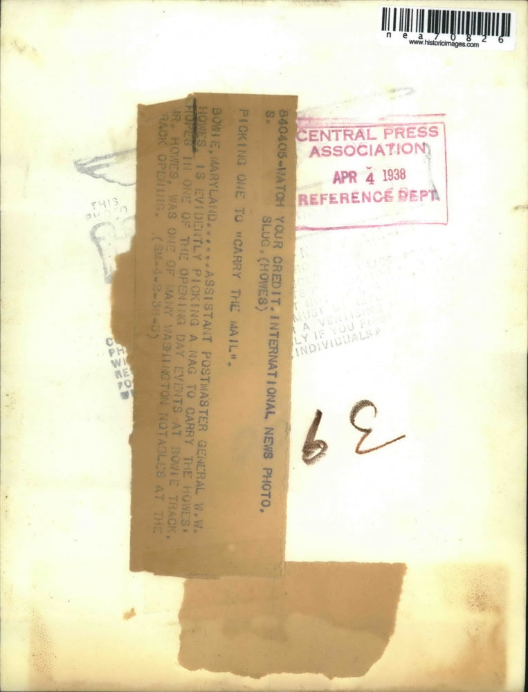 1938 Press Photo Asst.Postmaster Gen. W.W. Howes picked Nag to carry.