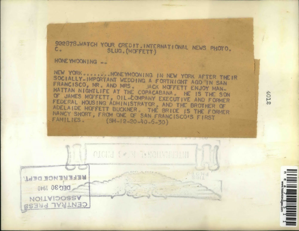 1940 Press Photo Mr & Mrs Jack Moffett on their honeymoon