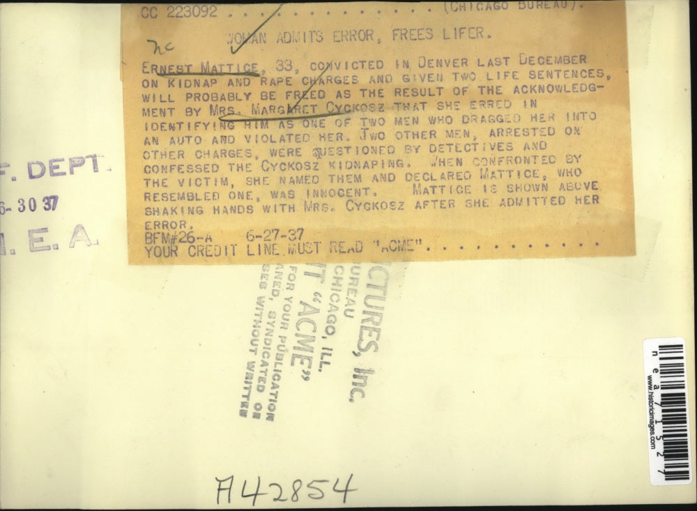 1937 Press Photo Ernest Mattice Freed by Margaret Cyckosz Identification Error