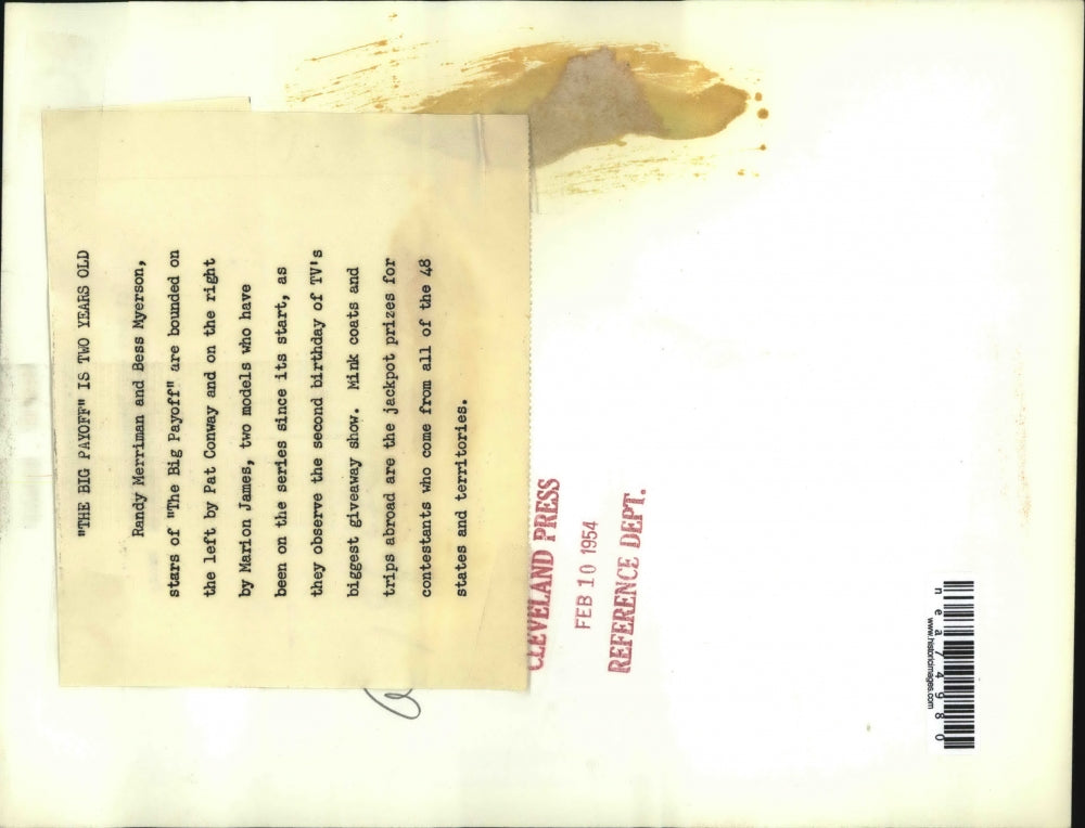 1954 Press Photo Randy Merriman & Bess Myerson stars of "The Big Payoff"