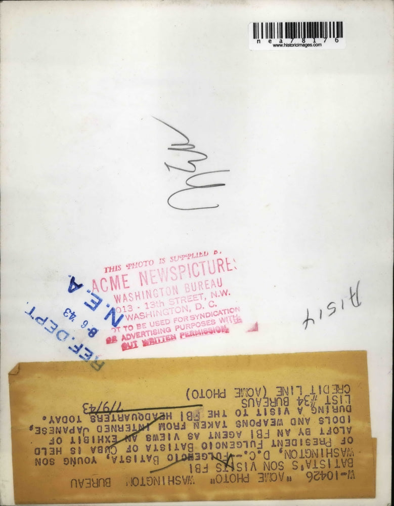 1943 Press Photo Fulgencio Batista Son President Cuba Diplomat - nea78176