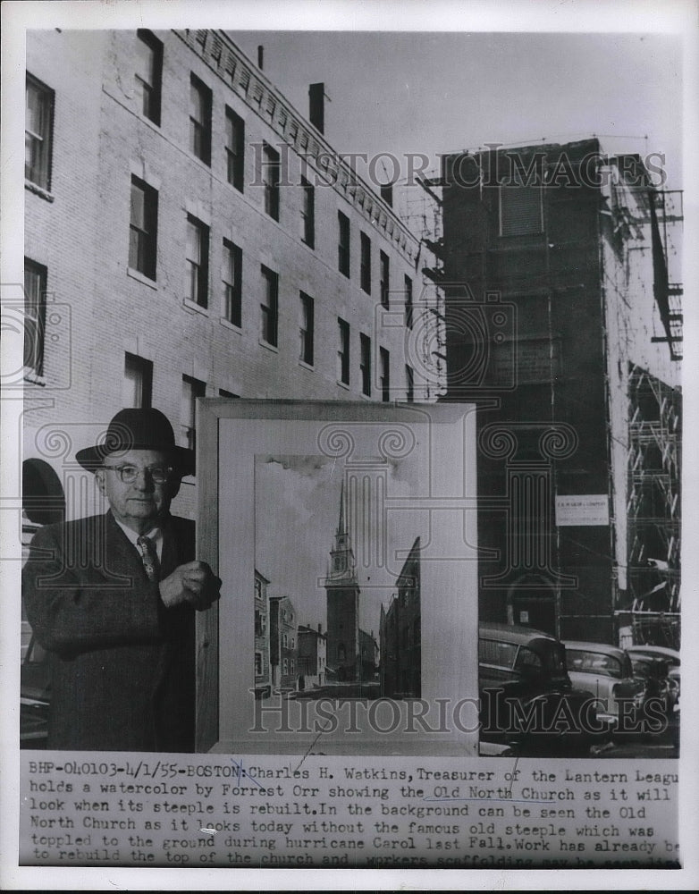 1955 Press Photo Charles Watkins with watercolor by Forrest Orr at church- Historic Images