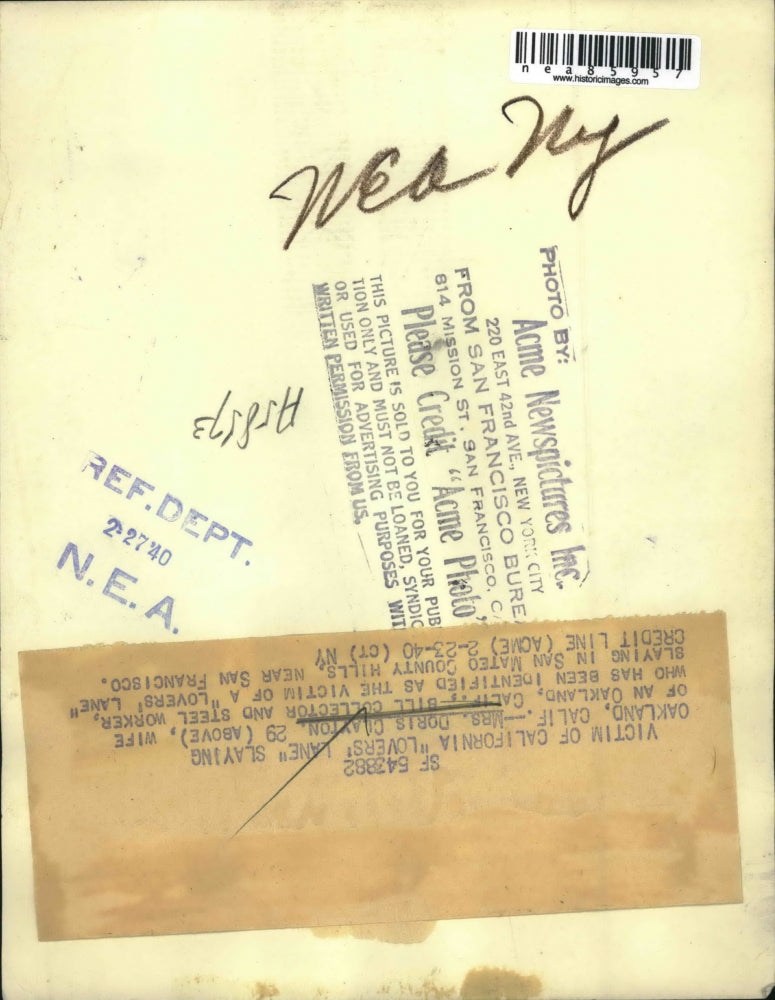 1940 Press Photo Mrs. Doris Clayton, Victim of California "Lovers' Lane" Slaying