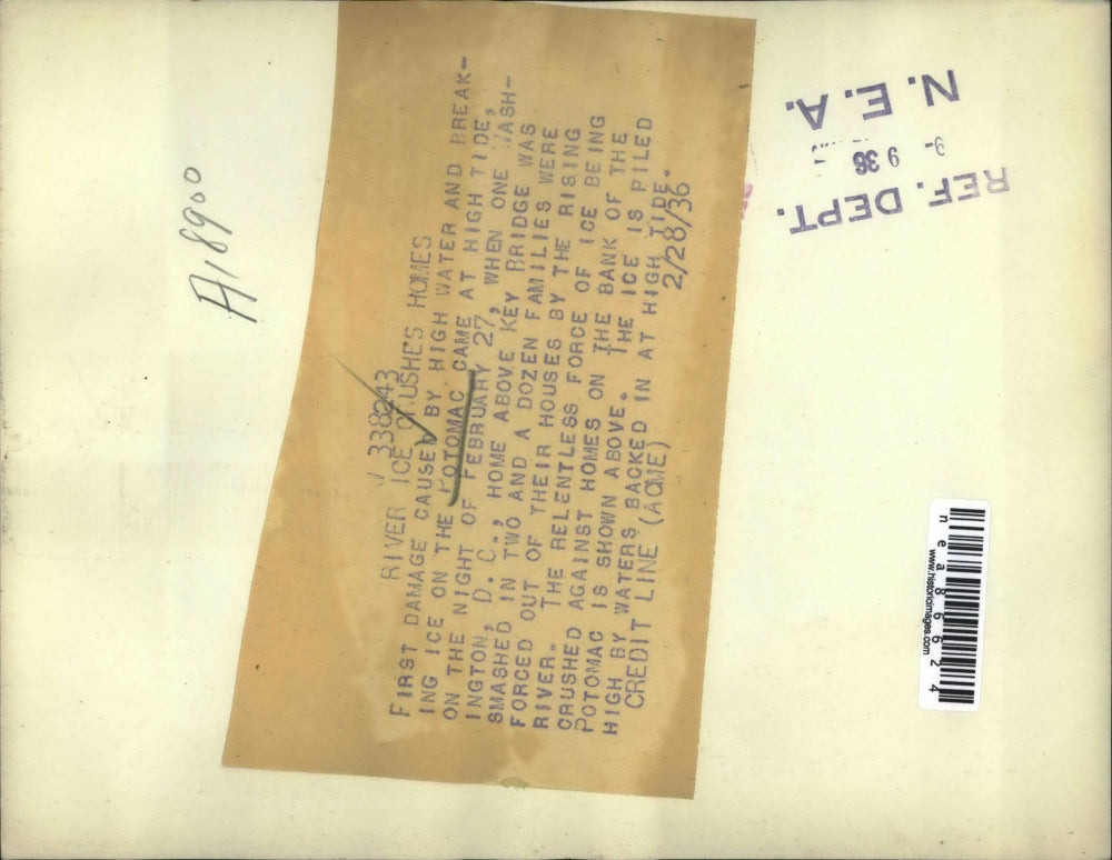 1936 Press Photo Rising Water And Ice On Potomac River Causes Damage To Homes