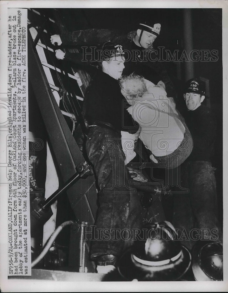 1951 Press Photo Firemen George Bilz Oakland Court Apartments- Historic Images