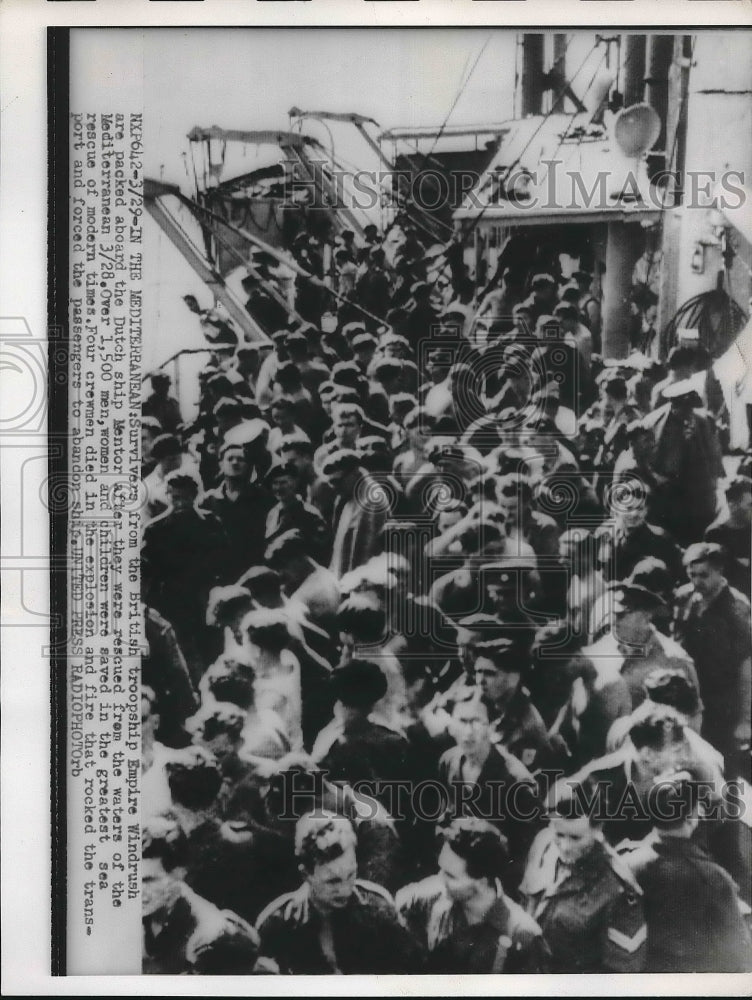 1954 Press Photo Mediterranean. Survivors of troopship board Dutch rescue boat