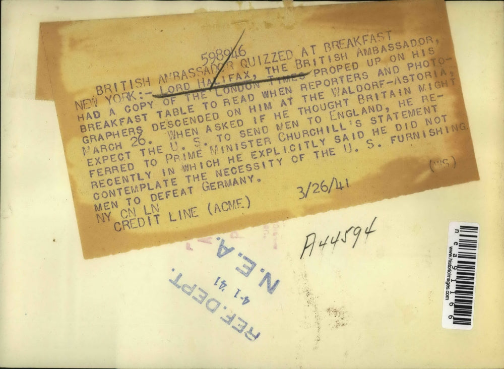 1941 Press Photo Lord Halifax, British Ambassador, Enjoys Breakfast - nea91166