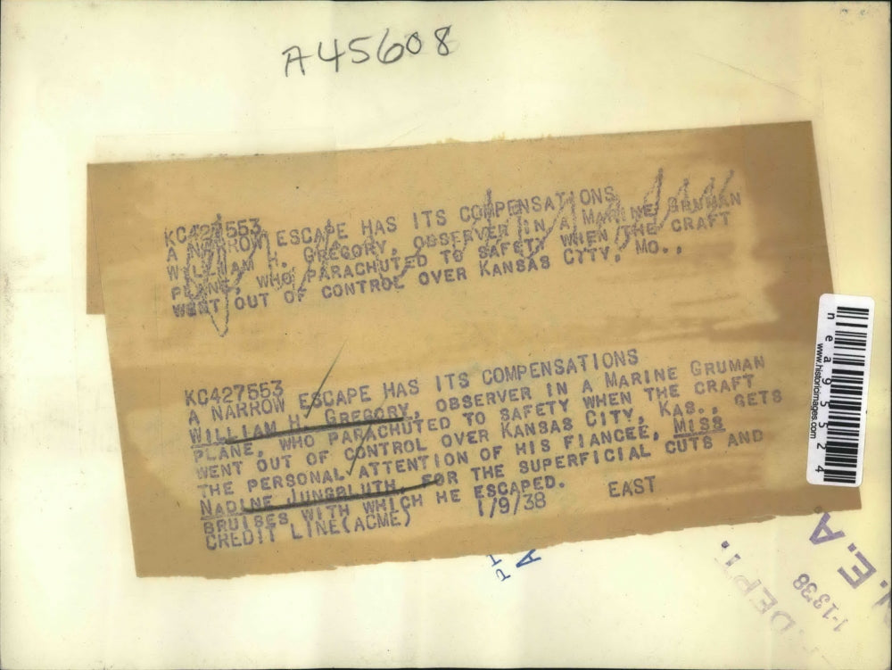 1938 Press Photo Wm Gregory & fiancee Nadine Jungbluth after plane crash