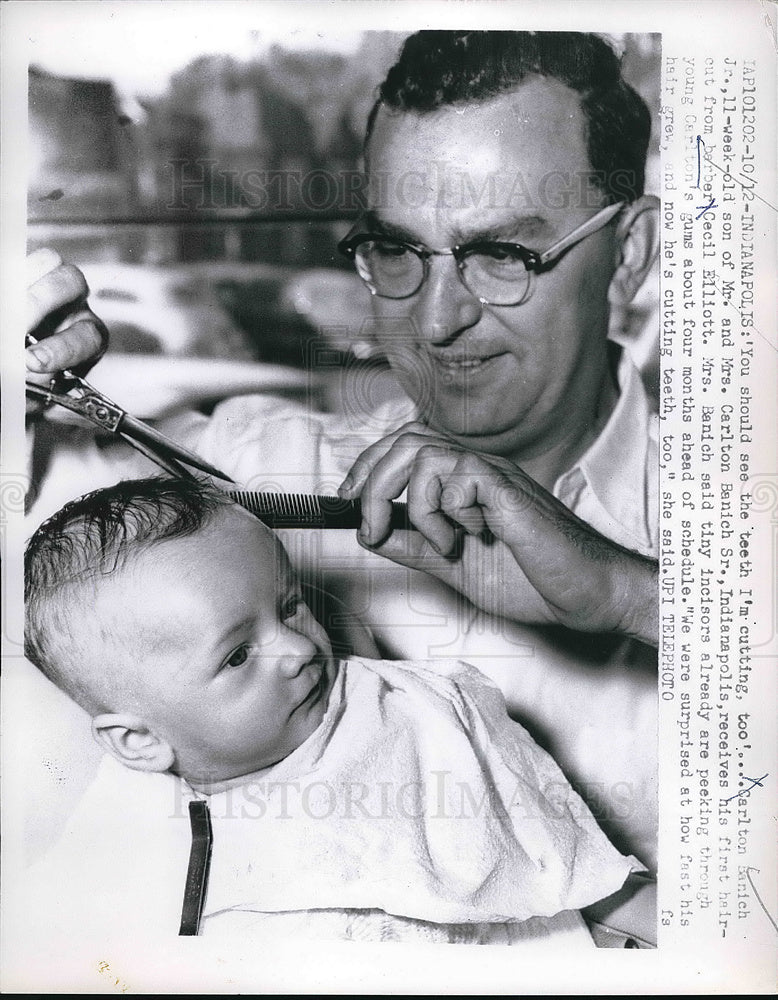 1960 Press Photo Carlton Banich Jr. gets his first haircut in Indianapolis- Historic Images