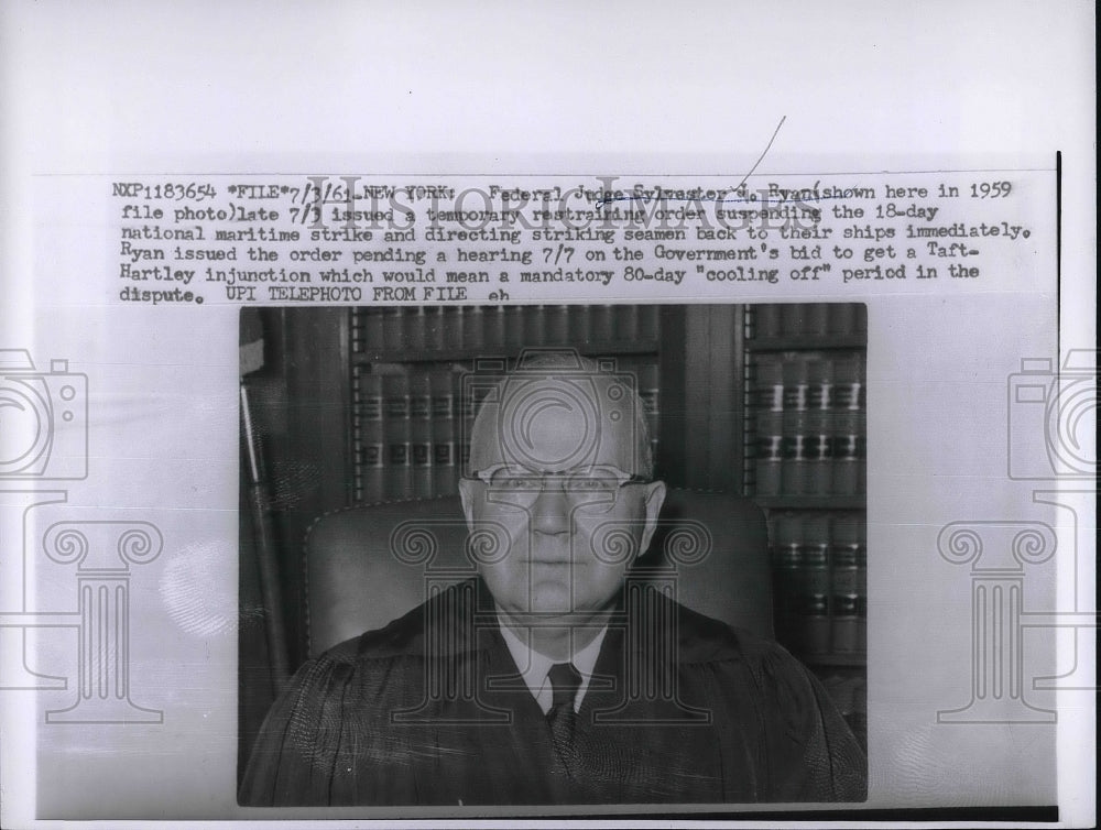 1961 Press Photo Federal Judge Sylvester J. Ryanin NYC