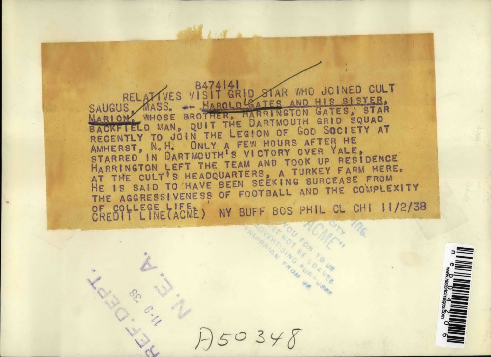 1938 Press Photo Harold Gates and His Sister Marion Joined Cult