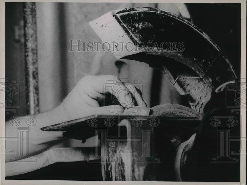 Load image into Gallery viewer, 1937 Press Photo Preparing Stone For Microscope
