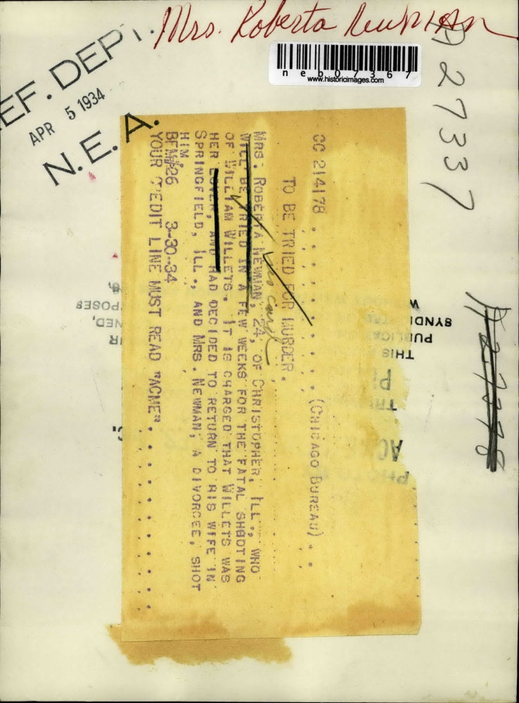 1934 Press Photo Mrs. Roberta Newman after her arrest