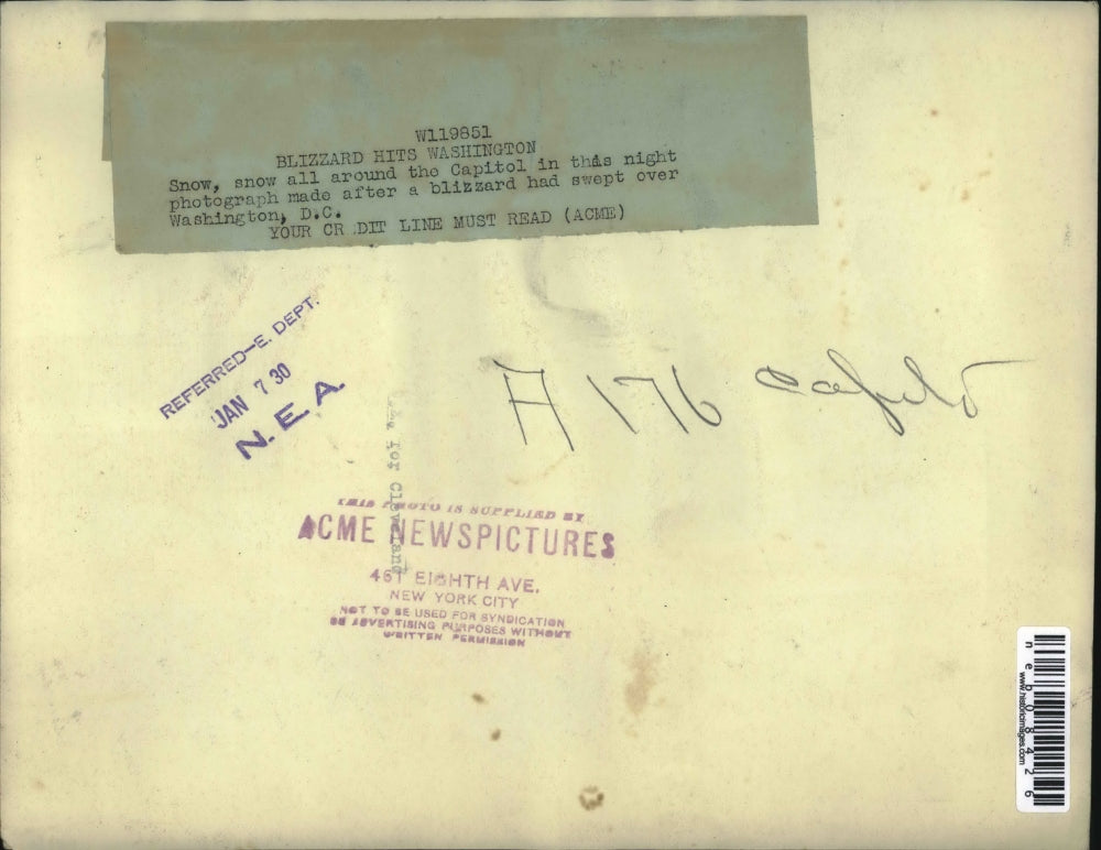 1930 Press Photo View Of Nation's Capitol At Night During Winter Blizzard