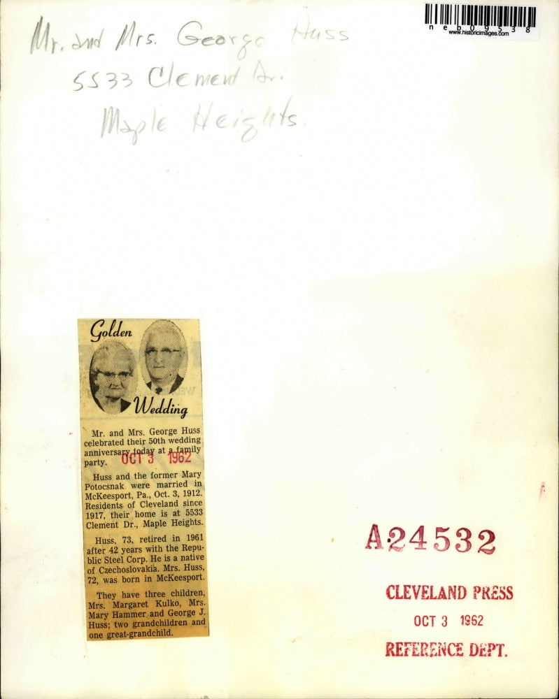 1962 Press Photo Mr & Mrs George Huss celebrating their 50th wedding anniversary