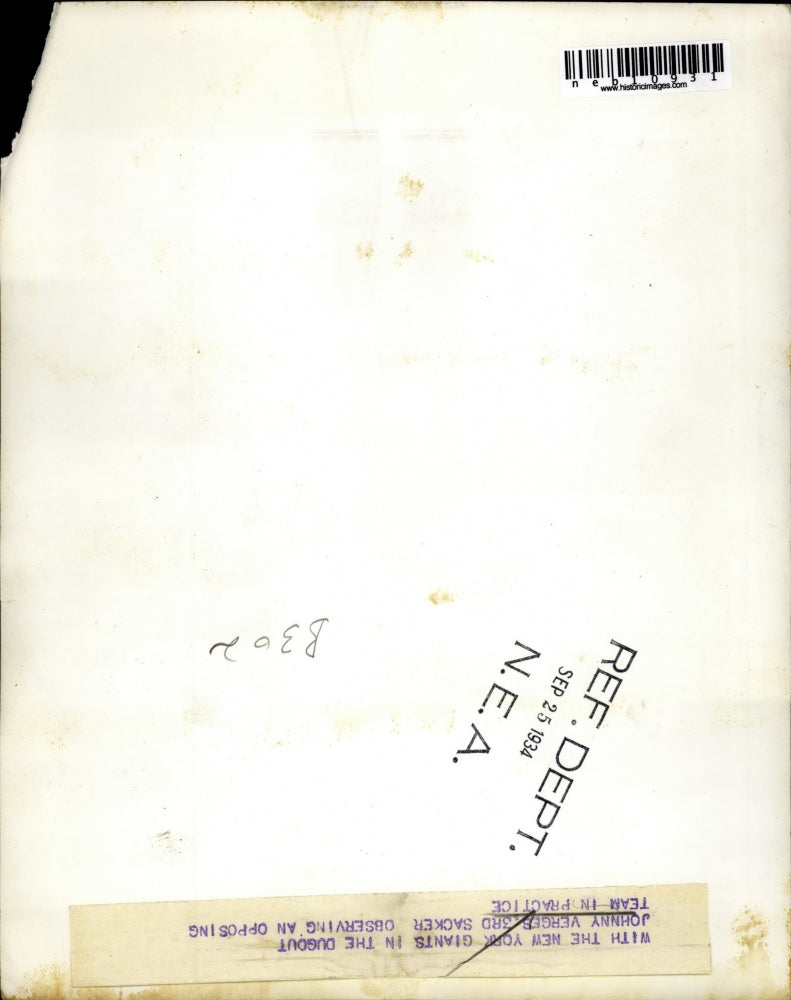 1934 Press Photo Johnny Verges New Giants in dugout