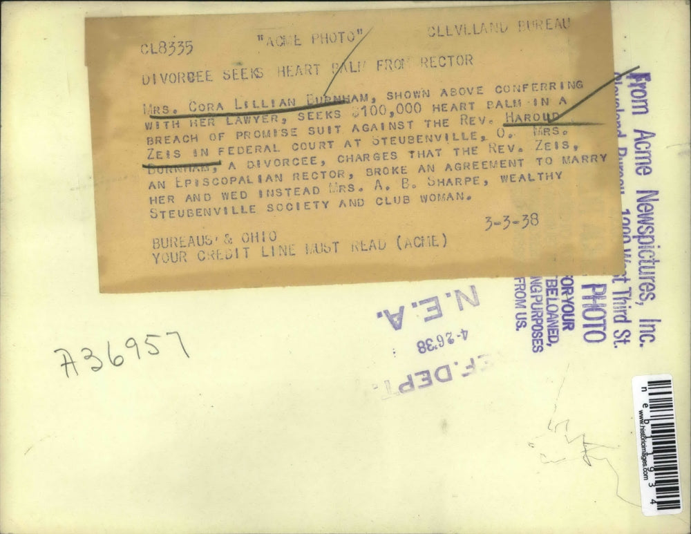 1938 Press Photo Mrs. Cora Lillian Burnham with her lawyer - neb11934