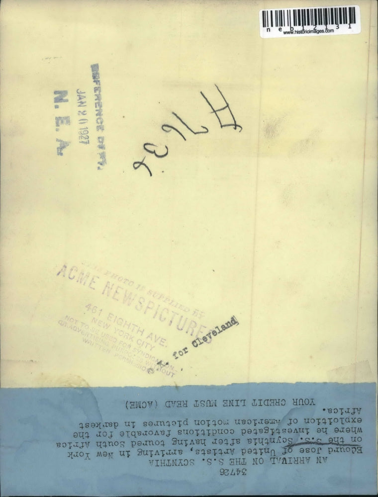 1927 Press Photo Edourd Jose Arrives In US Aboard SS Scynthia