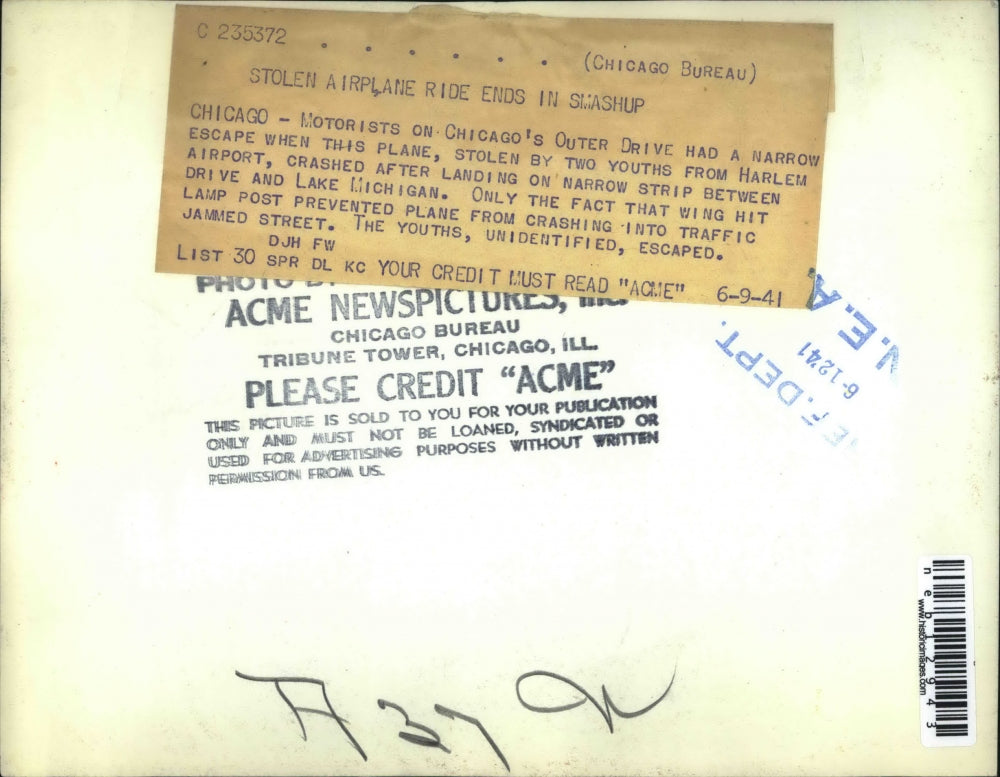 1941 Press Photo Stolen Airplane By Youths Ends in Crash in Chicago