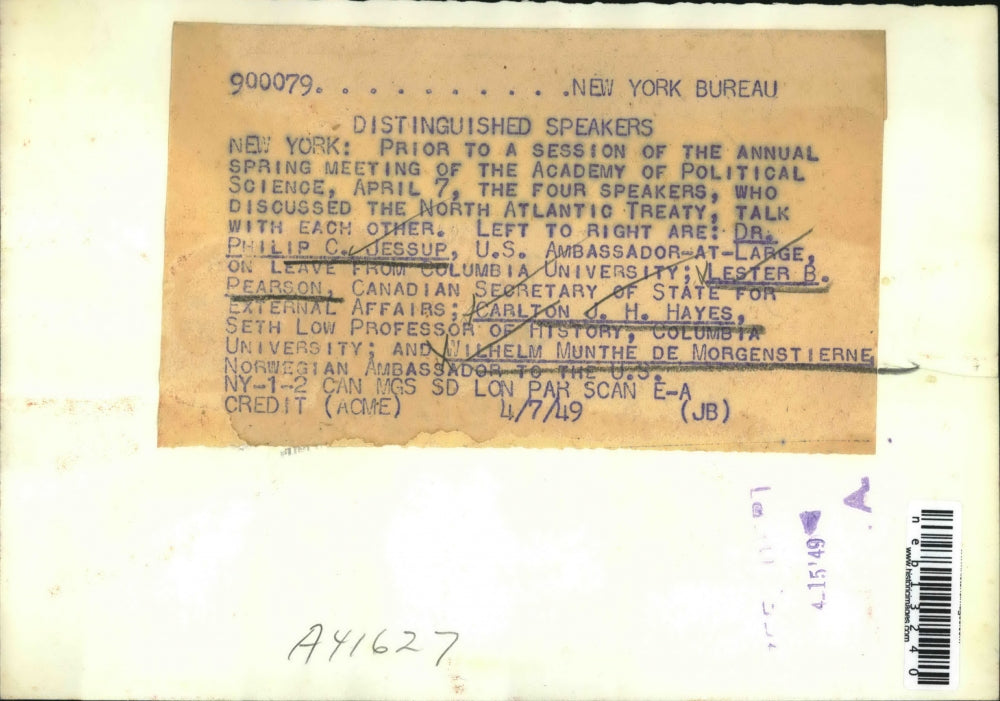 1949 Press Photo Dr. Philip Jessup, Lester Pearson, Carlton Hayes